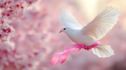 Dove Carrying Ribbon
A white dove carrying a pink ribbon, representing peace and hope for breast cancer survivors and those fighting the disease. The sky background is light and hopeful.