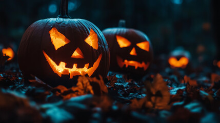 Sinister jack-o'-lanterns glowing in the mist on Halloween night
