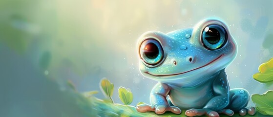  A blue frog sits on a leafy branch against a blue sky, surrounded by a green background