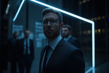 A Businessman in a Suit Standing Under a Neon Light
