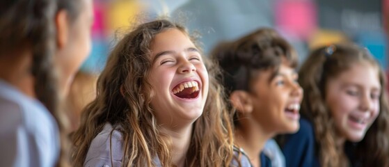 Group of multi-ethnic children in a classroom, laughing, one boy and three girls, one girl stands out, all having fun together, reflecting companionship and joy in school life.