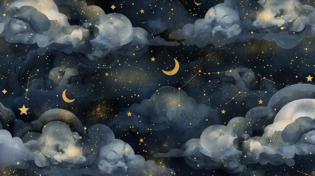 A seamless, whimsical pattern of a dark sky lit by sparkling gold foil constellations and stars, set amidst swirling watercolor clouds, evoking a sense of wonder and mystery.