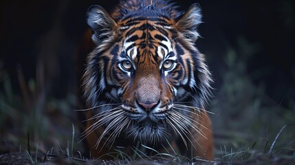 powerful sumatran tiger prowling towards the camera, proud predator in wild forest habitat, closeup of majestic big cat in nature