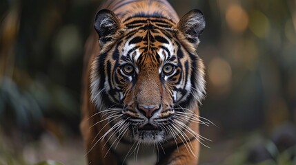 sumatran tiger prowling in the jungle, proud and majestic feline approaching the camera, powerful predator in natural forest habitat