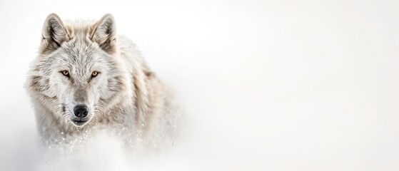 Obraz premium A tight shot of a wolf in the snow, its face speckled with falling snowflakes, background softly blurred