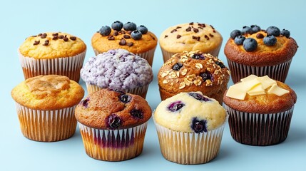 Various types of sweet and savory muffins, including blueberry and cheese, set against a soft blue background, highlighting their delightful textures and colors