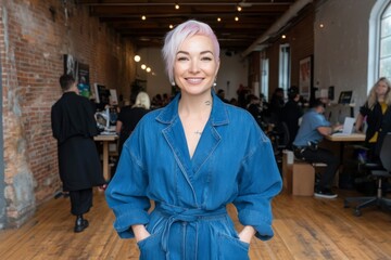 Portrait of a Confident Young Woman with Pink Hair in a Denim Jumpsuit