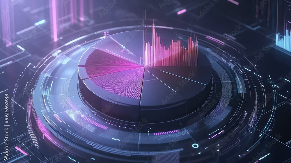 Poster Interactive 3D pie chart with floating labels and percentages, digital interface elements surrounding it