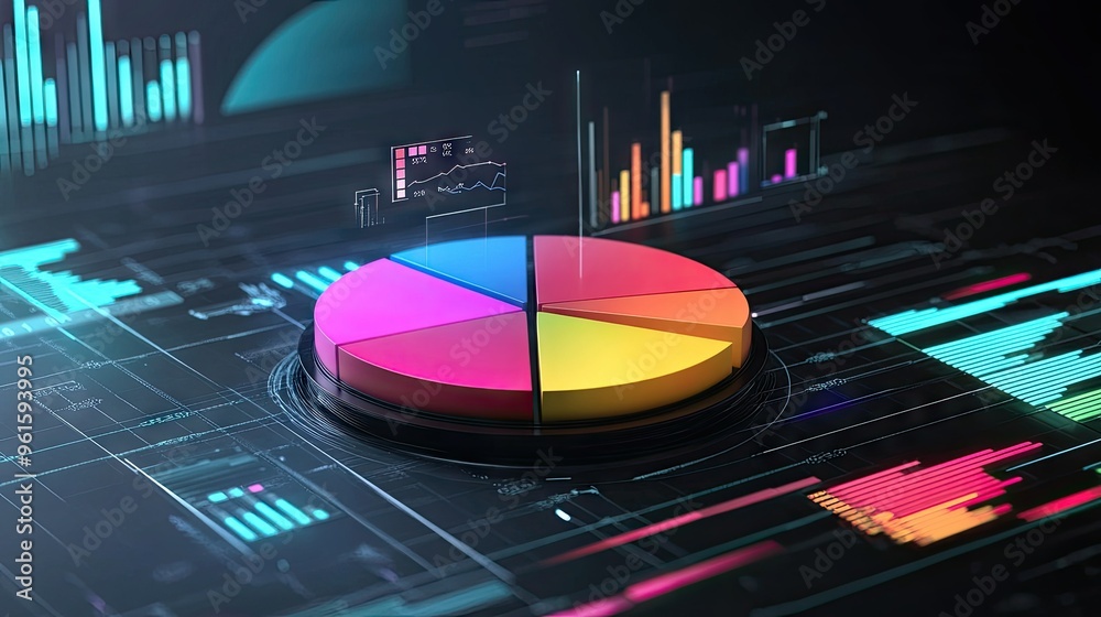 Poster Interactive 3D pie chart with floating labels and percentages, digital interface elements surrounding it