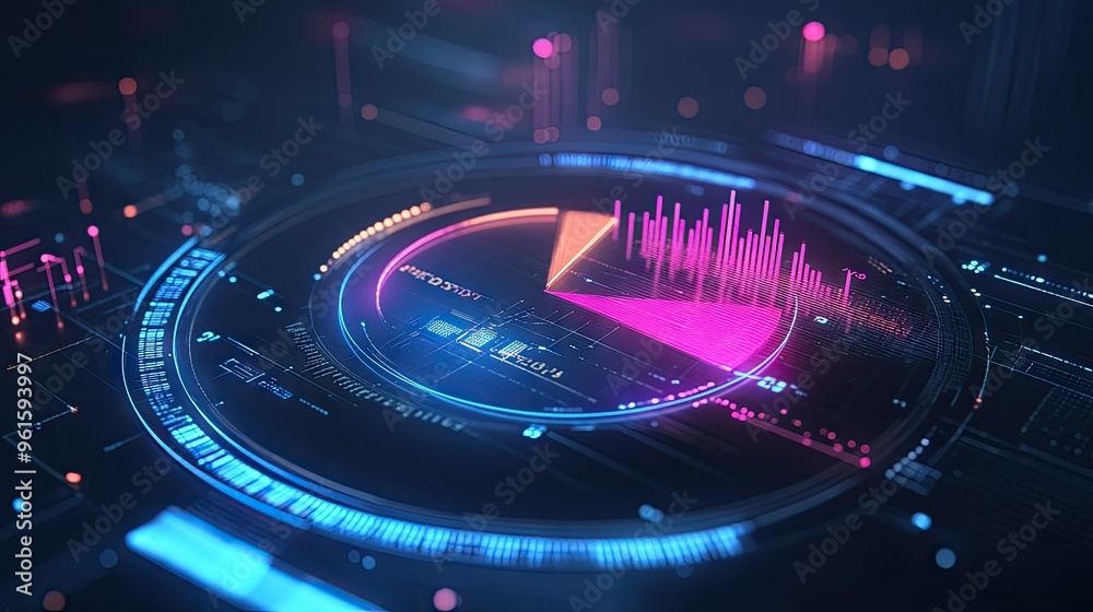 Poster Interactive 3D pie chart with floating labels and percentages, digital interface elements surrounding it
