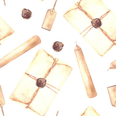 Antique letter and sealing wax seal with candles and a paper tag. Vintage seamless pattern.Watercolor Hand drawn illustration Retro clipart for fabric, wallpaper, packaging isolated from background