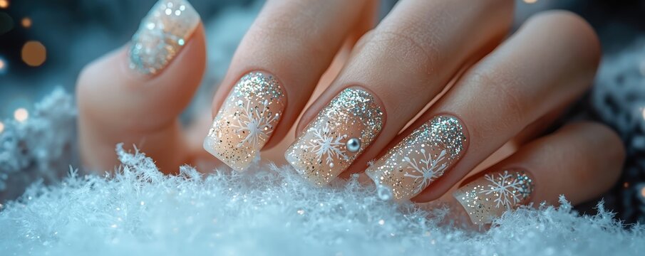 Glistening nails adorned with shimmering glitter showcase elegance against a snowy backdrop for a festive touch.