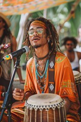 Fototapeta premium Vibrant Outdoor Performance of a Talented Musician with Traditional Attire and Drum