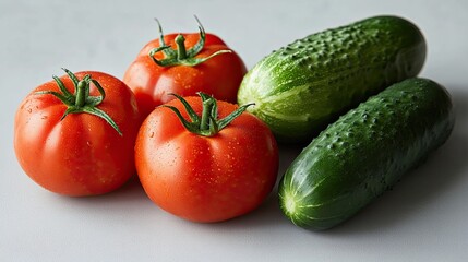 Freshly picked vegetables, including tomatoes and cucumbers, arranged on a light grey background, their vibrant colors and crisp textures creating an appealing visual