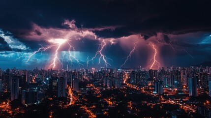 Fototapeta premium Lightning storm over Maring with bolts striking across the city, showcasing the power of nature against the urban backdrop