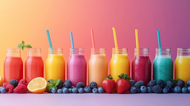 A variety of colorful smoothies and juices presented on a gradient pastel background, their bright hues and refreshing textures creating a vibrant display