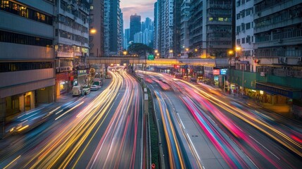 Obraz premium Long exposure of busy Hong Kong streets, showing blurred traffic and Chinese road markings in a vibrant cityscape. -