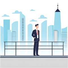 Successful businessmen and women standing with arms crossed looking at each other and city in the background.