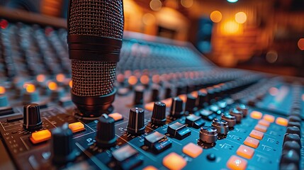 recording studio control desk and professional microphone with blurred musician in background, audio mixer setup for music production and sound mixing