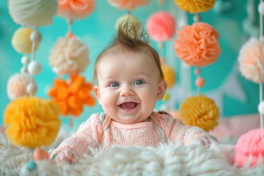 Joyful baby enjoying a playful moment in a colorful class setting with festive decorations