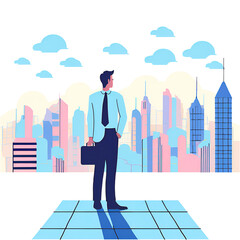 Successful businessmen and women standing with arms crossed looking at each other and city in the background.