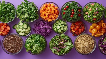 Various types of salads, including mixed greens and grain bowls, presented on a lavender background, their fresh ingredients and vibrant colors creating a healthy and inviting display