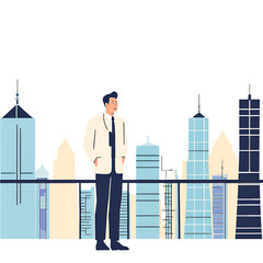 Successful businessmen and women standing with arms crossed looking at each other and city in the background.