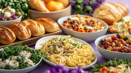 Freshly prepared meals such as pasta, roasted vegetables, and bread rolls presented on a lavender background, showcasing their vibrant colors and textures