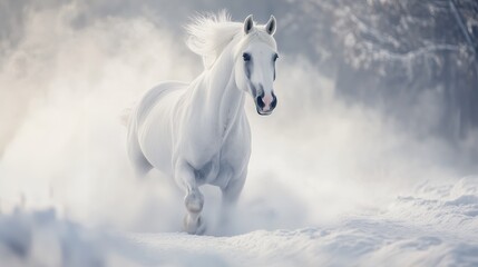 Naklejka premium White horse running through snow in a winter landscape