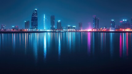 Fototapeta premium Manama skyline at night featuring the glowing Four Seasons and Hilton Hotels, with their lights reflecting in the nearby water.