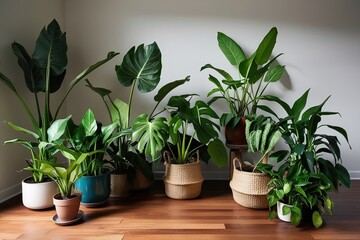 Fototapeta premium Vibrant Indoor Plant Arrangement Featuring Fiddle Leaf Fig Palm Monstera Pothos and Rubber Plant