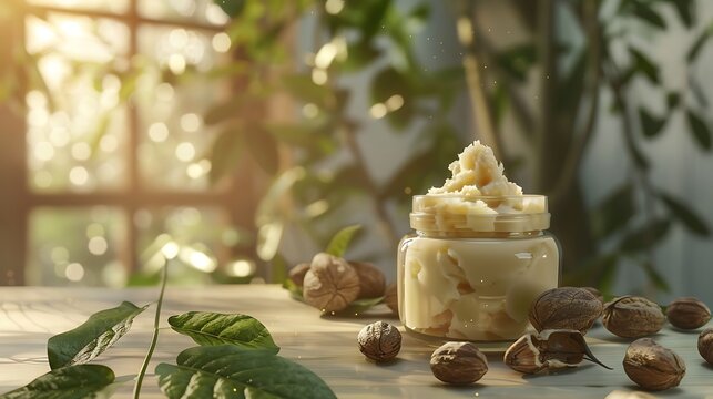 A jar of shea butter hair mask placed on a table with shea nuts and leaves