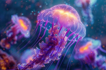Obraz premium Illuminating jellyfish gracefully floating in dark ocean depths at night