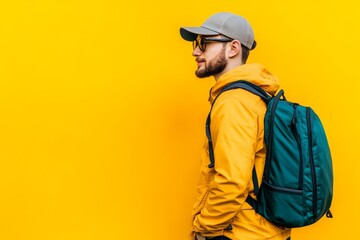 Fototapeta premium Man in Yellow Jacket and Backpack Against Vibrant Yellow Wall