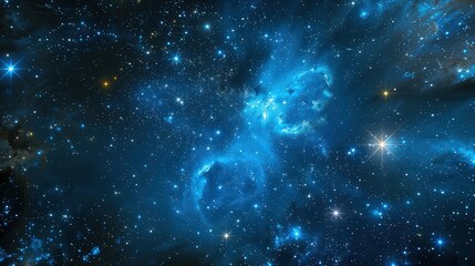 Fototapeta premium A serene blue nebula, densely populated with stars, incorporating elements of advanced space technology and artificial intelligence interfaces.