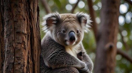 Obraz premium Koala mother hugging baby in eucalyptus tree A tender moment between a koala mother and her baby, nestled in a eucalyptus tree, showcasing wildlife and maternal care. generative.ai