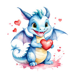 Cute blue dragon with heart. Watercolor illustration isolated on white background.