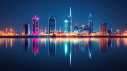 Fototapeta premium Night view of Manama's financial district along Bahrain Bay, with the city's tallest buildings and bright lights mirrored in the water.