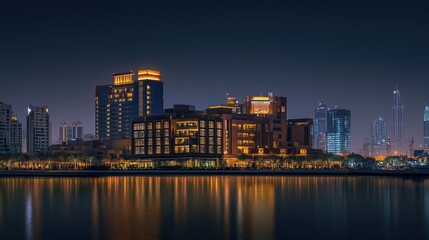 Night view of Festival City in Dubai, showcasing the illuminated Hotel Crowne Plaza and Hotel Intercontinental against the city skyline. -