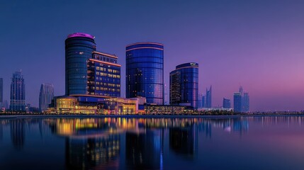 Naklejka premium Night view of Festival City in Dubai, showcasing the illuminated Hotel Crowne Plaza and Hotel Intercontinental against the city skyline. -