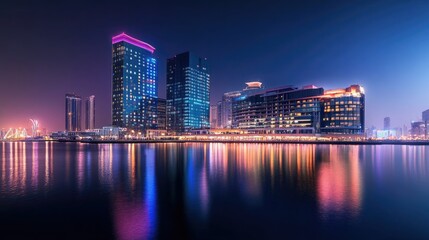 Night view of Dubai Festival City, showcasing the illuminated Hotel Crowne Plaza and Hotel Intercontinental with city lights reflecting on water.