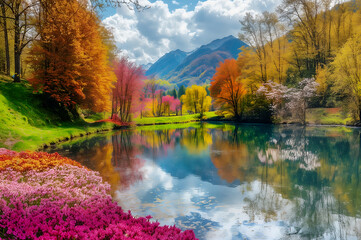 Naklejka premium Serene Autumn Lake with Vibrant Foliage Reflections and Colorful Blossoms at the Foot of Majestic Mountains. spring abstract wallpaper 