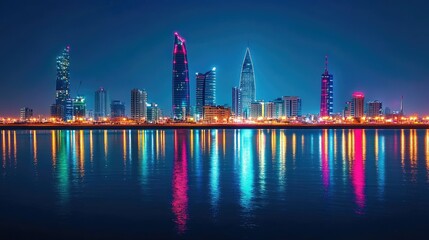 Fototapeta premium Night view of Manama's financial district along Bahrain Bay, with the city's tallest buildings and bright lights mirrored in the water.