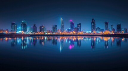 Fototapeta premium Night view of Manama skyline, with Bahrain Bay mirroring the bright lights of the city, creating a tranquil urban scene.