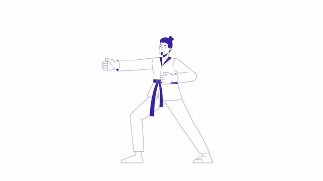 Fighting martial artist kimono man practicing 2D character animation. Sensei master cartoon 4K video, alpha channel. Caucasian guy taekwondo stance. Karate teacher animated person on white background