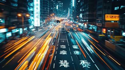 Obraz premium Nighttime blur of traffic on a busy Hong Kong street, with Chinese characters on road markings illuminated by city lights.