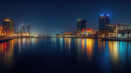 Fototapeta premium Nighttime panorama of Duba Festival City, with the Hotel Crowne Plaza and Hotel Intercontinental shining brightly in the skyline.