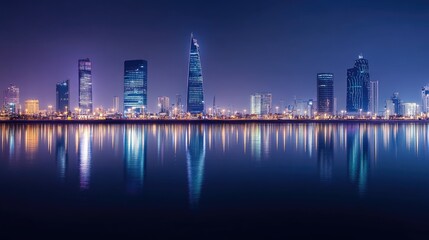 Fototapeta premium Nighttime panorama of Manama, Bahrain, along Bahrain Bay, showcasing the city's illuminated skyscrapers and peaceful water reflections.