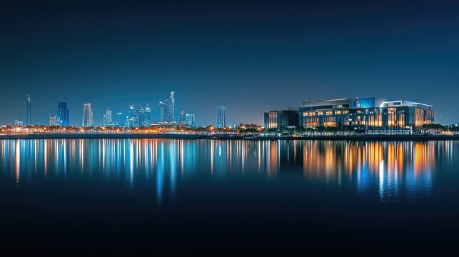 Nighttime panorama of Duba Festival City, with the Hotel Crowne Plaza and Hotel Intercontinental shining brightly in the skyline.