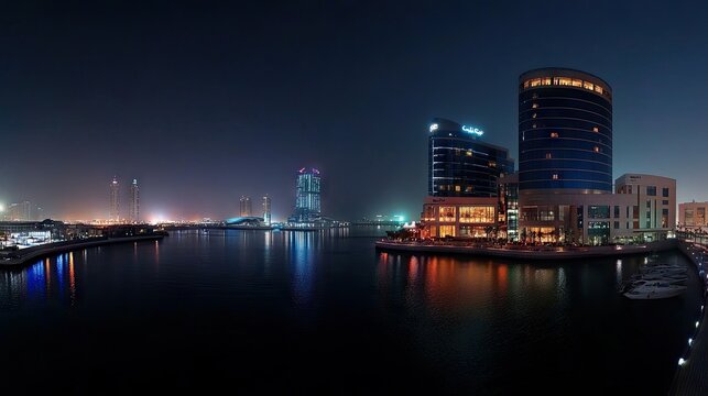 Nighttime panorama of Duba Festival City, with the Hotel Crowne Plaza and Hotel Intercontinental shining brightly in the skyline.
